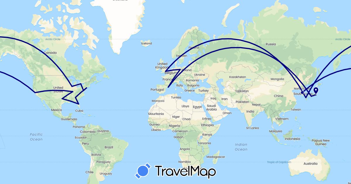 TravelMap itinerary: driving in Canada, Germany, Spain, United Kingdom, Japan, South Korea, United States (Asia, Europe, North America)